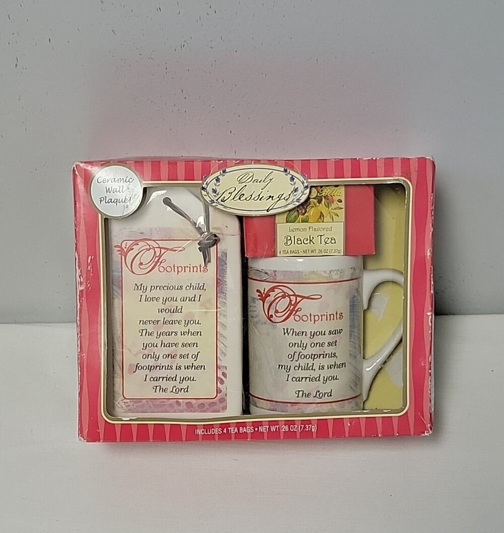Daily Blessings Vintage Religious Footprints Mug & Ceramic Wall Plaque Tea Set